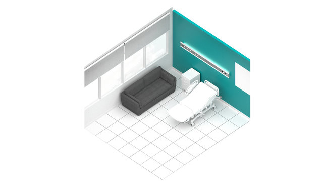 Hospital room with beds .Empty bed  and wheelchai in nursing  a clinic or hospital .3d Isometric hospital room rendering.Luxury patient bed  rendering illustration.Modern hospital,health care concept.