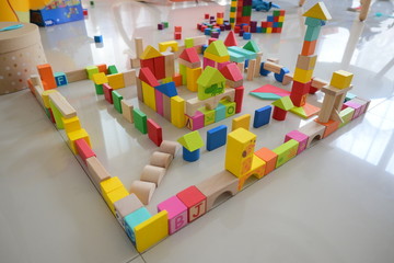 wooden toy block building town for activity of kid play learning development in home