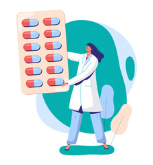 Woman with medical drug, doctor research analysis, male and female characters concept and vector illustration on white background. Medical examination, observation by research fellow. Flat style.