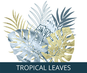Vector color set blue watercolor and gold texture palm exotics and monstera leaves. Vector modern illustration on white. © Анна Комелева