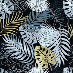 Vector seamless pattern blue watercolor and gold texture palm exotics and monstera leaves. Vector illustration on black. Colored endless background.