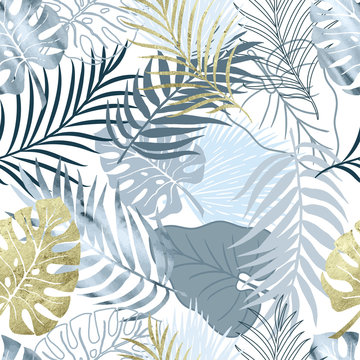 Vector seamless pattern blue watercolor and gold texture palm exotics and monstera leaves. Vector modern illustration. Colored endless background.