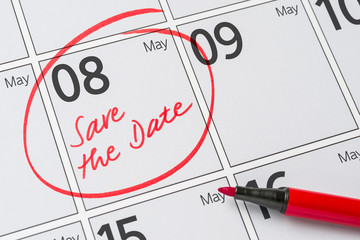Save the Date written on a calendar - May 08