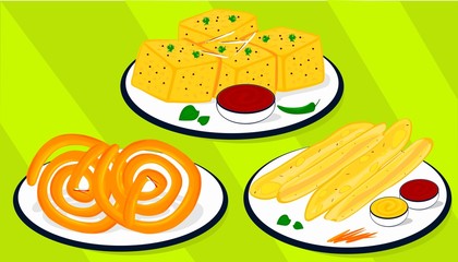 Fafda,Jalebi,Khaman,Dhokla indian Street Food Vector