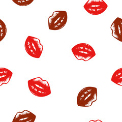 Cute fun red lips kiss seamless pattern on white. hand drawn, for wallpaper, pattern fills, web page background, surface textures