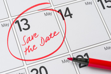 Save the Date written on a calendar - May 13