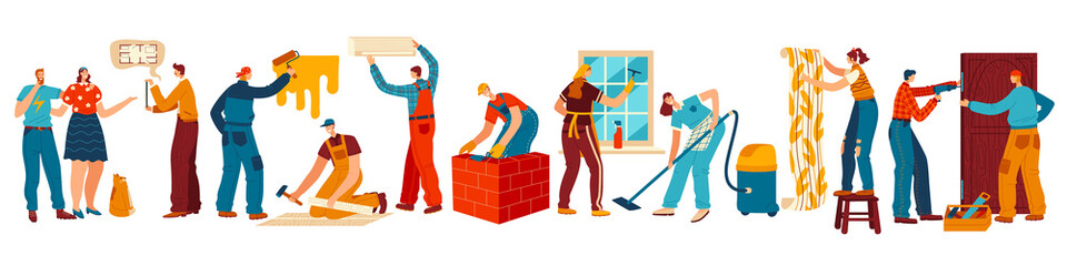 People renovating house, repair and maintenance service, vector illustration. Men and women repairing house, painting walls and cleaning floor. Builders and repairmen at work, cartoon characters
