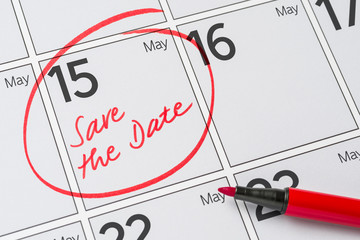 Save the Date written on a calendar - May 15