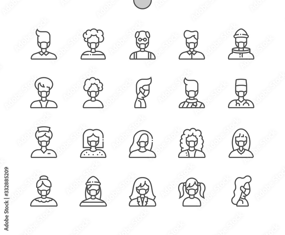 Poster people with medical mask well-crafted pixel perfect vector thin line icons 30 2x grid for web graphi