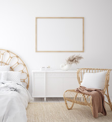 Mockup frame in Coastal boho style bedroom interior, 3d render