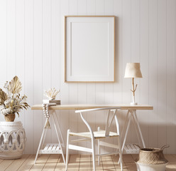 Poster mock up in home office interior background, Coastal style, 3d render