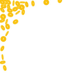 Chinese yuan coins falling. Scattered small CNY co