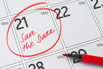 Save the Date written on a calendar - May 21