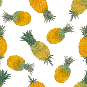 Yellow and green Pineapple fruits illustration seamless pattern, watercolor painting, die cut isolated with clipping path on white background, element for fabric textile printed and wallpaper texture
