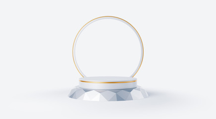 Clean white gold product pedestal on white background, gold frame, memorial board, abstract minimal concept, blank space, clean design, luxury mockup. 3d render 