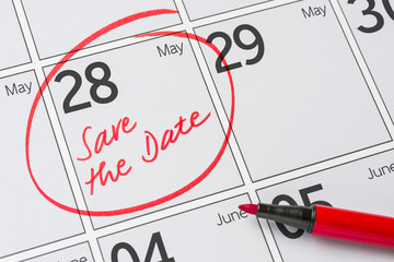 Save the Date written on a calendar - May 28