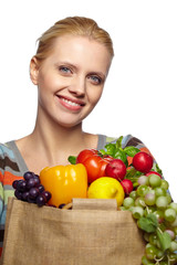 woman holding grocery paper shopping bag full of fresh vegetables. Diet healthy eating concept isolated on a white background