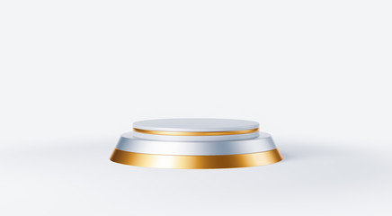 Clean white gold product pedestal on white background, gold frame, memorial board, abstract minimal concept, blank space, clean design, luxury mockup. 3d render 