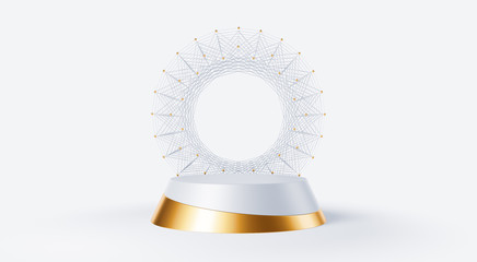 Clean white gold product pedestal on white background, gold frame, memorial board, abstract minimal concept, blank space, clean design, luxury mockup. 3d render 