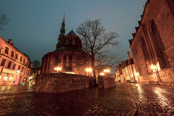 St. Peter Church in empty Riga, Latvia at night