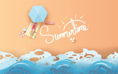 top view Sunbathing woman on beach. travel summer season banner.Calligraphy text Decoration swimming equipment. Seaside with landscape pastel color tone background,Paper cut and craft style vector.