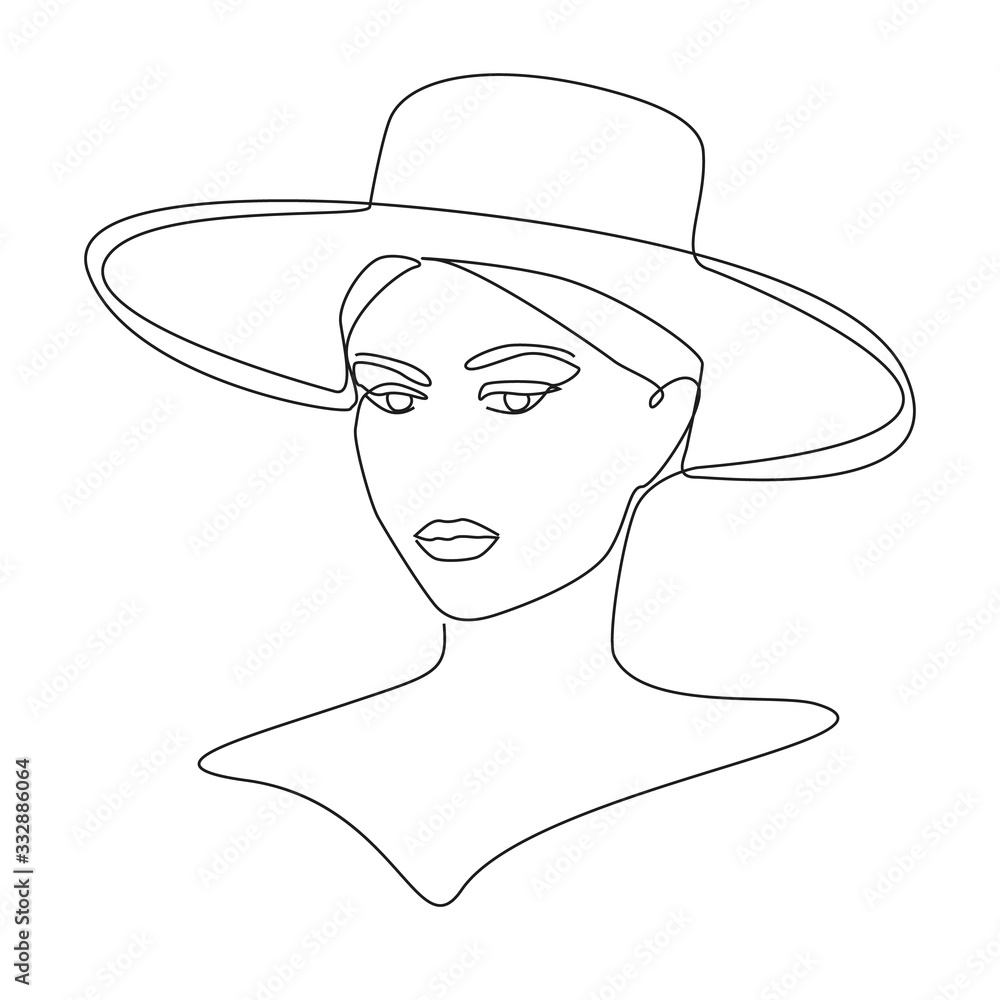 Poster woman in a hat one line drawing on white isolated background. vector illustration - Posters