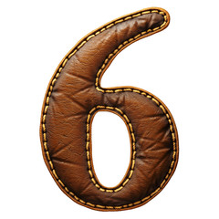 Number 6 made of leather. 3D render font with skin texture isolated on white background.