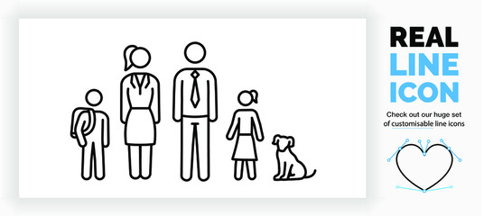 Editable real line icon of stick figure family with a son and his school bag and a working mom and dad in a suit with a tie and a daughter in a skirt with the pet dog sitting in black clean eps lines