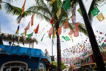 Colourful Mexican flags decorating the town of Sayulita, Mexico