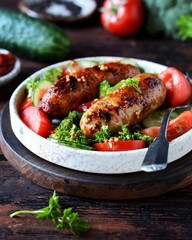Homemade chicken (turkey) fried sausages with broccoli, tomato and cucumber salad 