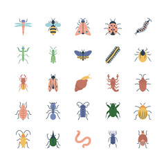 beetles and insects icon set, flat style