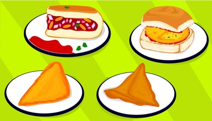 Dabeli,Vada pav,Samosa,Bread Pakoda indian Street Food Vector