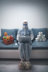 Quarantine and isolation during the virus outbreak - groceries and food in stock, working from home...