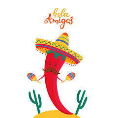 Funny chili pepper in sombrero plays maracas. Local mexican traditional music festival. Hola amigos hand drawn lettering © LiluArt
