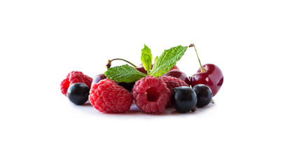 Fruits, berries isolated on white background. Fruits and berries with copy space for text. Blackcurrant, cherry, raspberry. Mixed berries and fruits isolated on white background. Berries close-up.