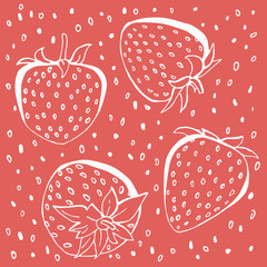 Strawberry vector illustration on red background. Template for greeting card, postcard, packaging, menu, banners, print.