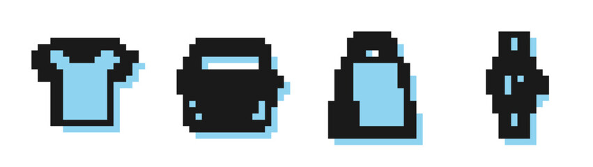 Set line Paper shopping bag, T-shirt, Shopping basket and Wrist watch icon. Vector