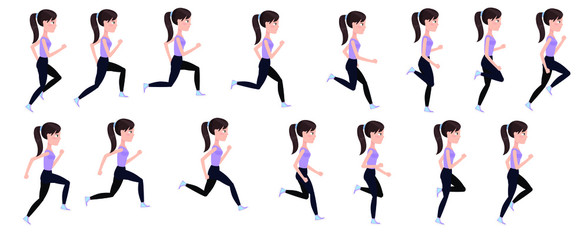 Full cycle animation of women's running. Young beautiful runner, in a cartoon style sprites for animation. 