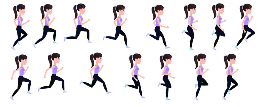 Full cycle animation of women's running. Young beautiful runner, in a cartoon style sprites for animation. Stock Vector | Adobe Stock Full cycle animation of women's running. Young beautiful runner, in a cartoon style sprites for animation. Stock Vector | Adobe Stock