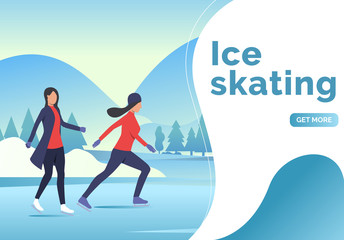 Ice skating lettering, two skater women and snowy landscape. Presentation slide template. Lifestyle, activity, nature concept. illustration can be used for topics like winter, holiday, sport © SurfupVector