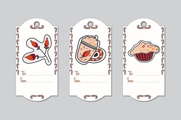 Fototapeta premium Christmas gift tags with hand-drawn Christmas symbols - gingerbread of rose hip, keks and cup. Vector illustration isolated on grey background.