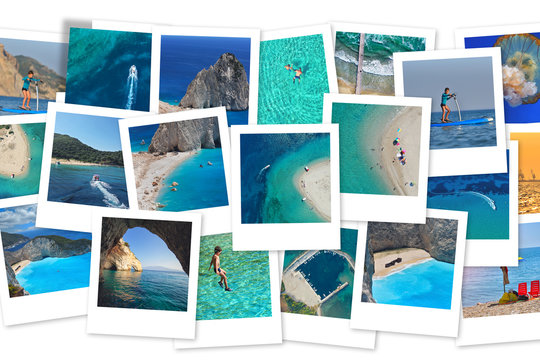 Photo collage Greece. Greek Islands. Zakynthos, Marathonisi, Blue Caves, Navagio Beach. Travel concept