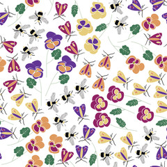 Vector Flowers Pansies and Bugs in Pink Orange Yellow Purple with Green Leaves Scattered on White Background Seamless Repeat Pattern. Background for textiles, cards, manufacturing, wallpapers, print