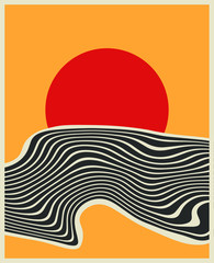 Minimalistic digital art. Poster. Print for interior design or any graphic design. Sunny sunset.  Sea ​​waves on the background of the sun. Hot weather. Summertime. Warm color palette. Vector EPS 10.