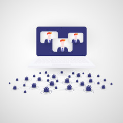 People on Videoconference from Home Office - Work at Home and Make Social Connections Through the Internet Only - Design Concept with Device Screen and Symbolic Network of Houses - Vector Illustration