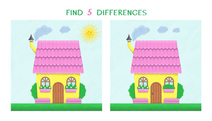 Find five differences. Simple educational game for kids. Digital illustration of cute house on summer day