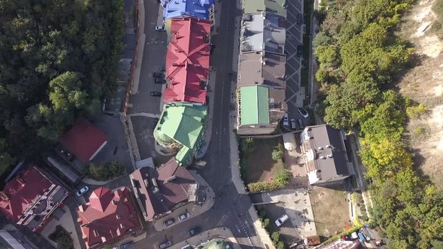 Aerial view to Vozdvizhenka microdistrict part of hystorical and touristic Podil region of Kyiv. Famous touristic spot in Kiev, Ukraine