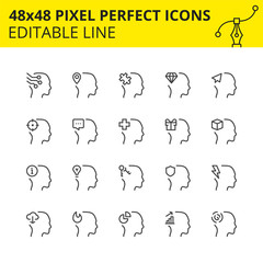 Simple Set Icons of Human Head and Avatars. Person Symbols for info graphics, websites and mobile applications which includes Chip, Message, Idea, Cloud etc. Pixel Perfect Editable Set 48x48. Vector.