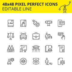 Simple Set Icons Law and Judge. Includes Oath, Jury, Prisoner, Police Badge etc. Pixel Perfect 48x48, Editable Set. Vector.