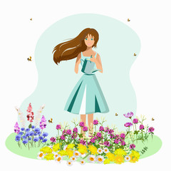 A girl with a watering can plants flowers in spring